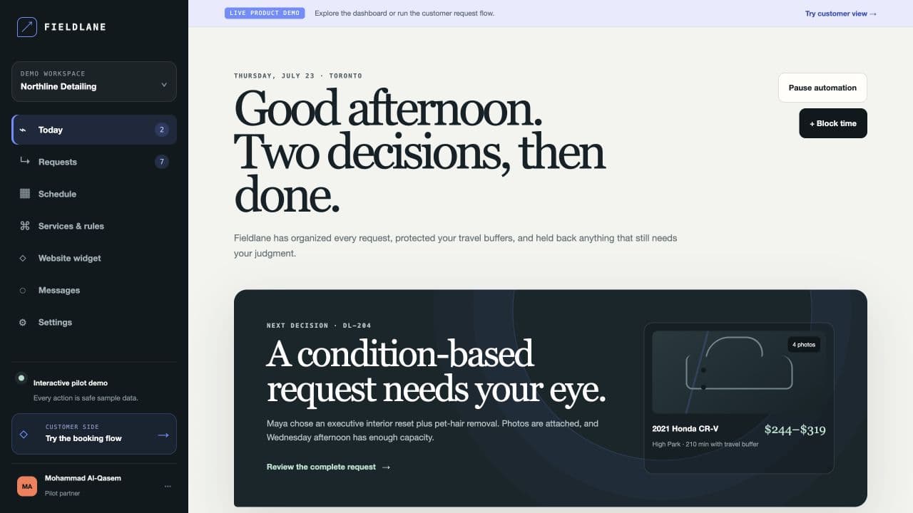 Fieldlane operations dashboard with a decision-ready request and today's service route