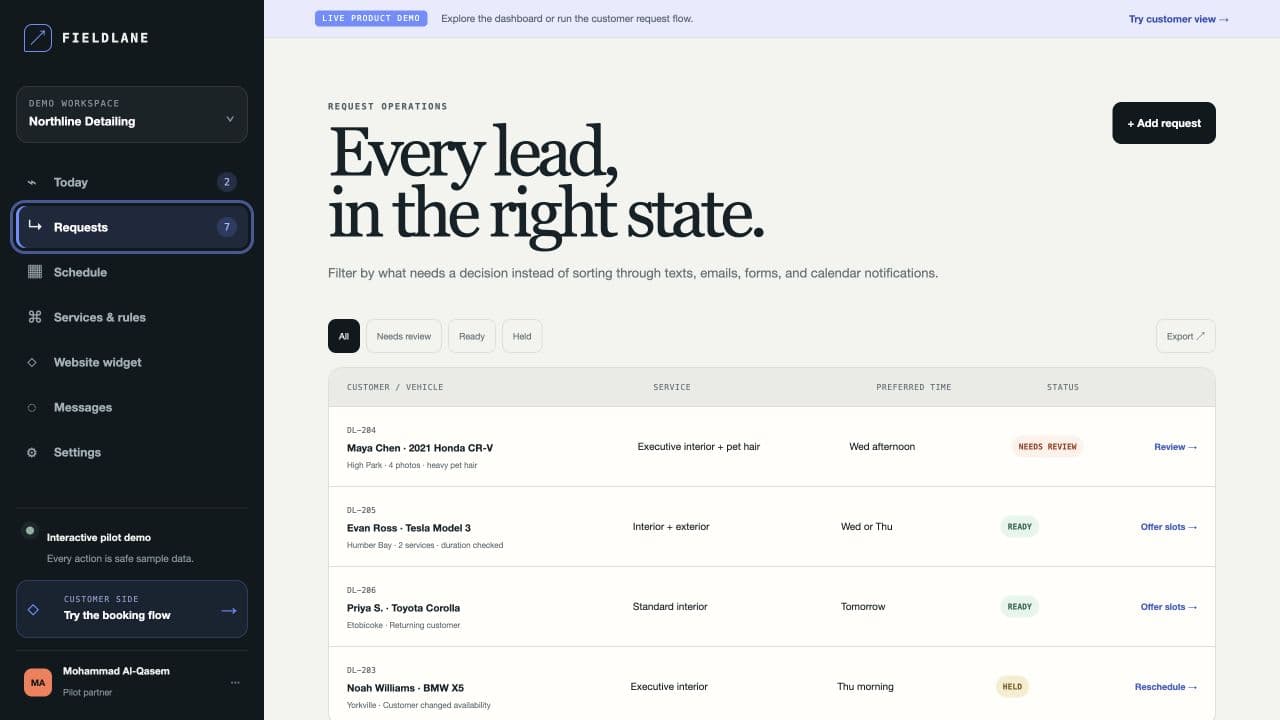 Fieldlane request queue with complete customer, vehicle, location, and condition details