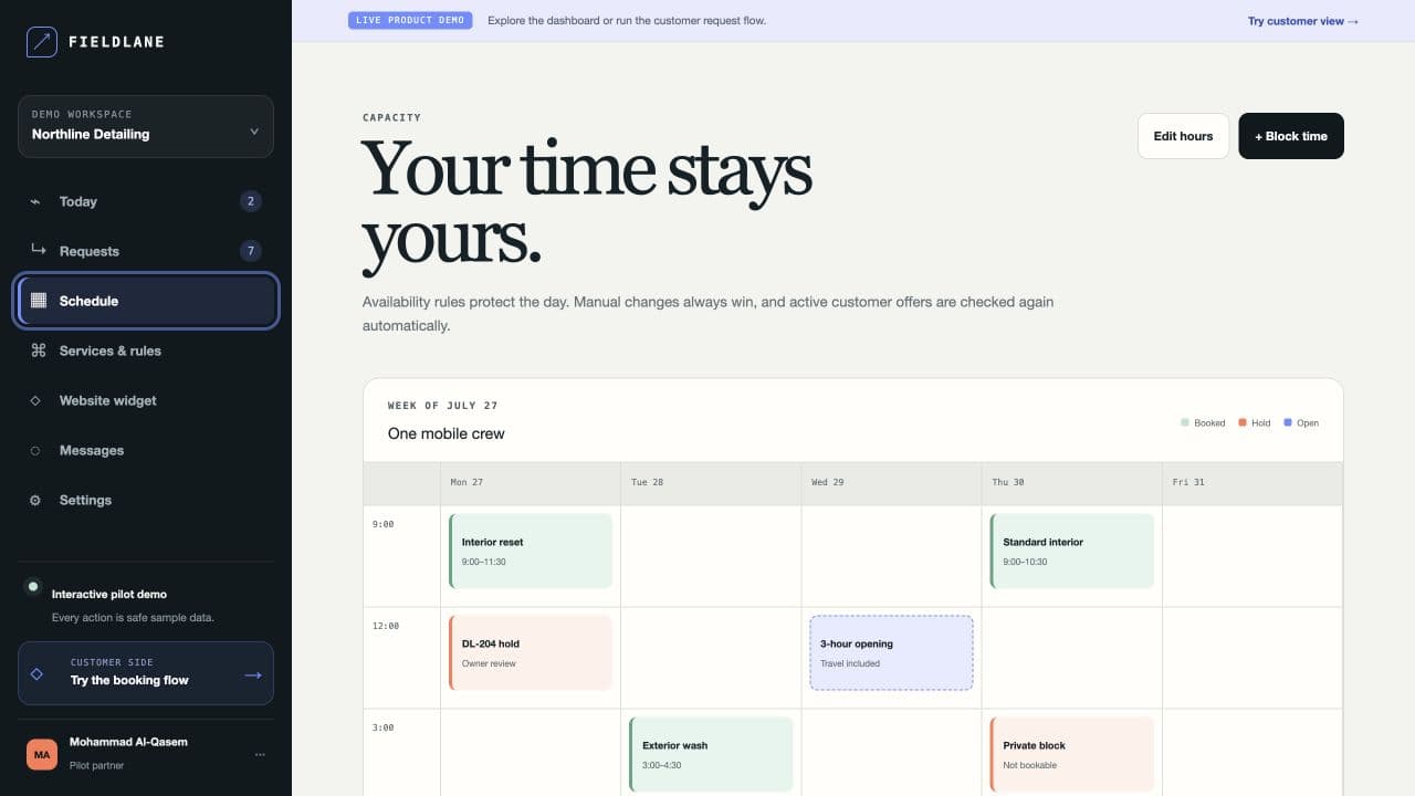 Fieldlane weekly schedule with travel buffers and protected service capacity